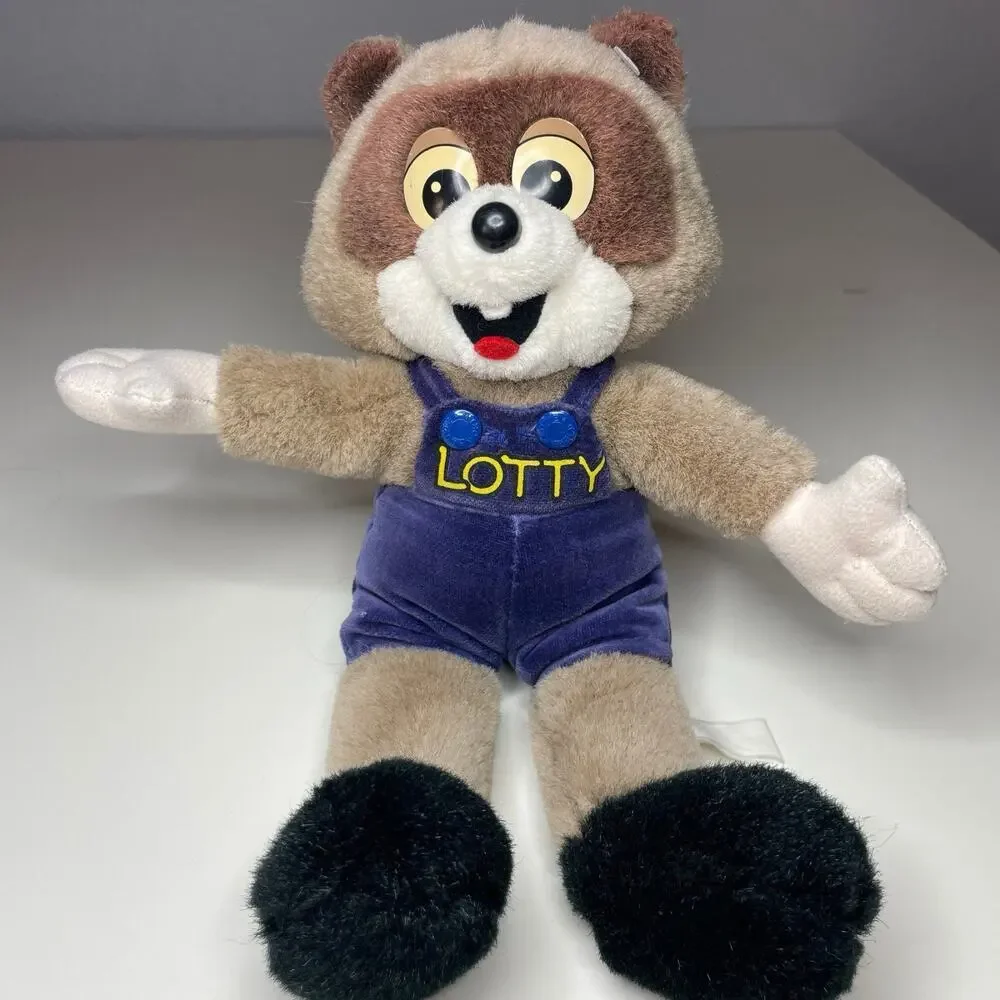 Vintage Lotte World Lotty Raccoon Plush 11” Blue Overalls Stuffed Animal Korea